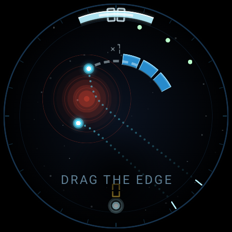 A Chrono puzzle with the clock stopped and each orb's path drawn ahead of it